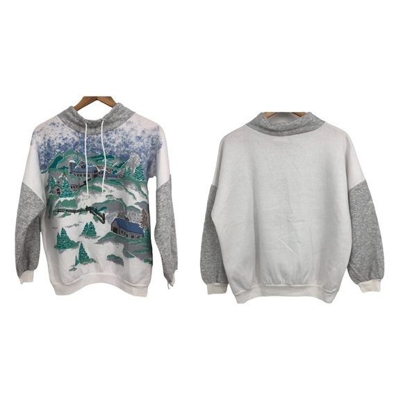 Vintage Petite Winter Snowy hill landscape festive high neck pullover sweatshirt - Picture 3 of 16